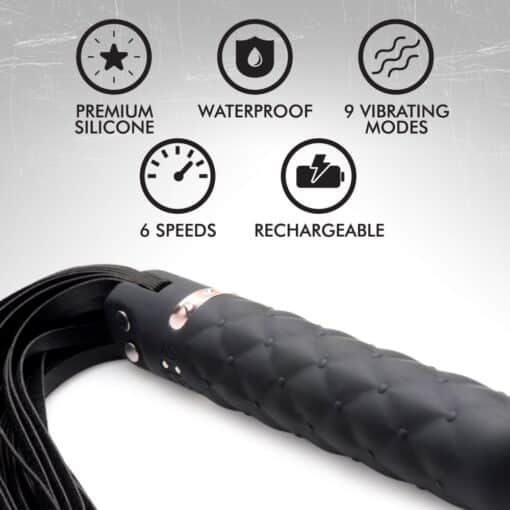 Master Series Vibra-Lasher 9X Vibrating Silicone Dildo Flogger - Black - Image 6