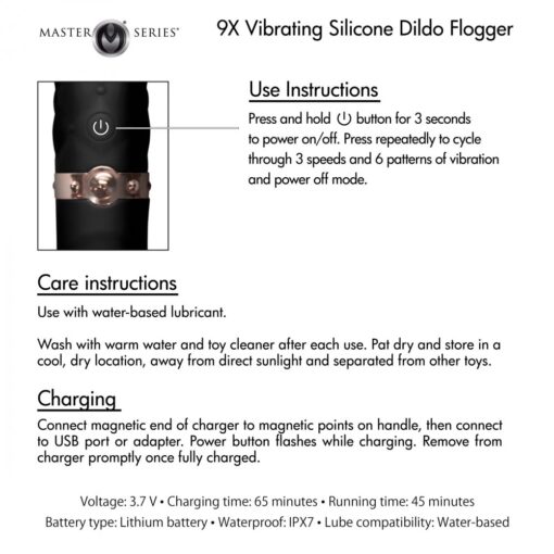 Master Series Vibra-Lasher 9X Vibrating Silicone Dildo Flogger - Black - Image 7