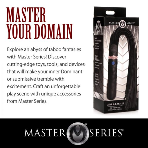 Master Series Vibra-Lasher 9X Vibrating Silicone Dildo Flogger - Black - Image 8