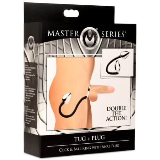 Master Series Tug + Plug Aluminum Cock & Ball Ring with Anal Plug - Black/Silver