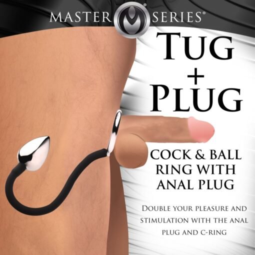 Master Series Tug + Plug Aluminum Cock & Ball Ring with Anal Plug - Black/Silver - Image 2