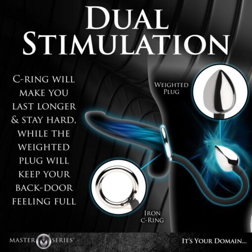 Master Series Tug + Plug Aluminum Cock & Ball Ring with Anal Plug - Black/Silver - Image 3