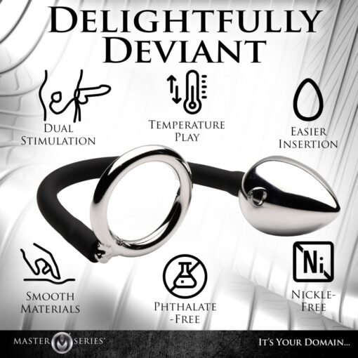 Master Series Tug + Plug Aluminum Cock & Ball Ring with Anal Plug - Black/Silver - Image 5