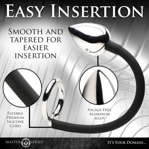 Master Series Tug + Plug Aluminum Cock & Ball Ring with Anal Plug - Black/Silver - Image 7