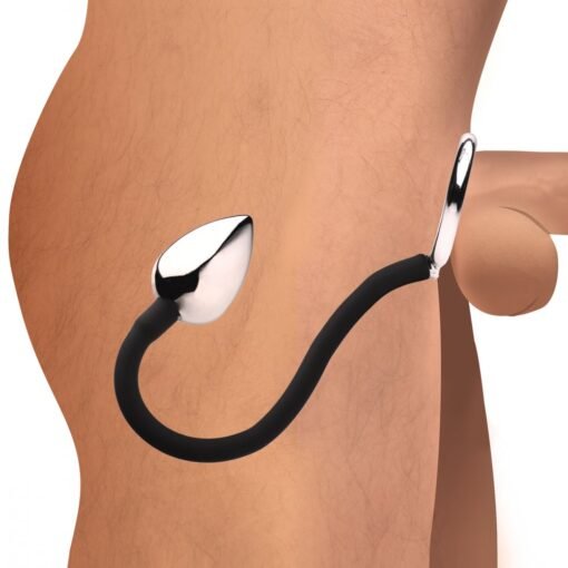 Master Series Tug + Plug Aluminum Cock & Ball Ring with Anal Plug - Black/Silver - Image 8