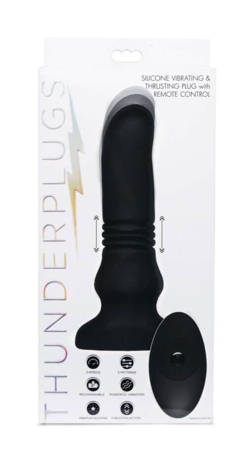 Thunder Plugs Silicone Vibrating & Thrusting Plug with Remote Control - Black