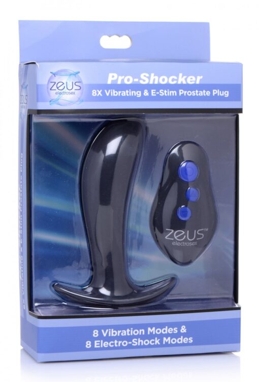 Zeus Pro-Shocker 8X Vibrating & E-Stim Silicone Rechargeable Prostate Plug With Remote Control - Black