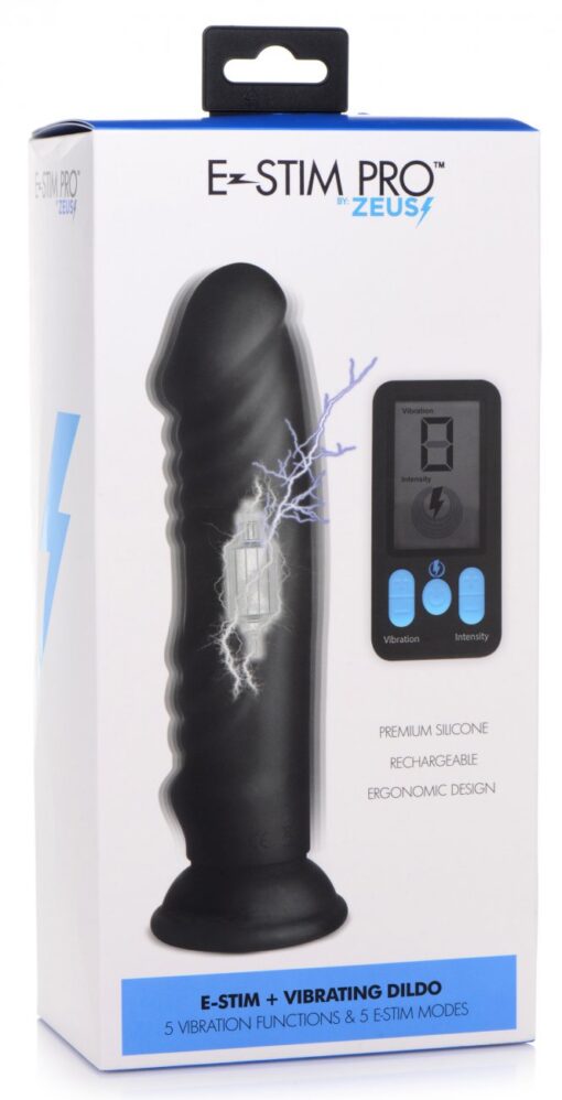 Zeus Vibrating & E-Stim Rechargeable Silicone Dildo With Remote Control 7.9in