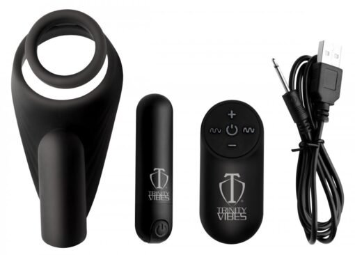 Trinity 4 Men Silicone Rechargeable C-Ring With Vibrating Taint Stimulator And Remote Control - Black - Image 3