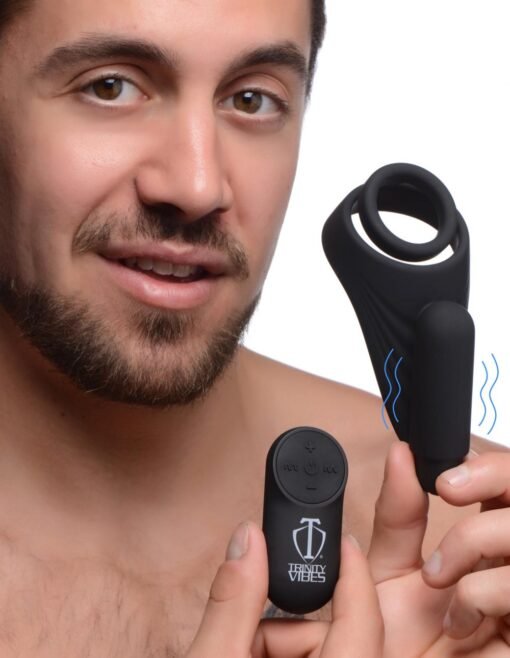Trinity 4 Men Silicone Rechargeable C-Ring With Vibrating Taint Stimulator And Remote Control - Black - Image 5