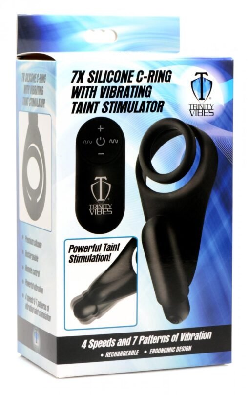 Trinity 4 Men Silicone Rechargeable C-Ring With Vibrating Taint Stimulator And Remote Control - Black
