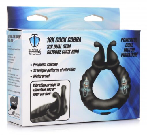 Trinity Men 10X Cock Cobra Dual Stimulating Rechargeable Silicone Cock Ring - Black