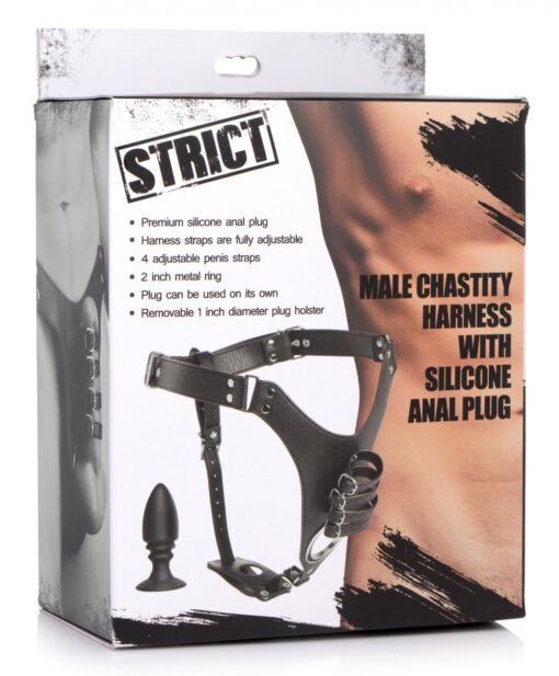 Strict Male Chastity Harness with Silicone Anal Plug