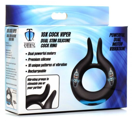 Trinity Men 10X Cock Viper Dual Stimulating Rechargeable Silicone Cock Ring - Black