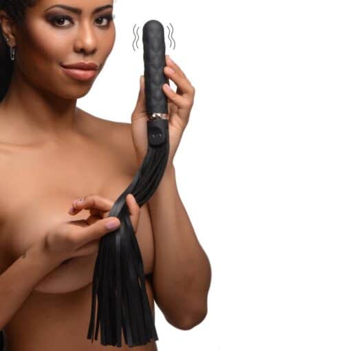 Master Series Vibra-Lasher 9X Vibrating Silicone Dildo Flogger - Black - Image 10