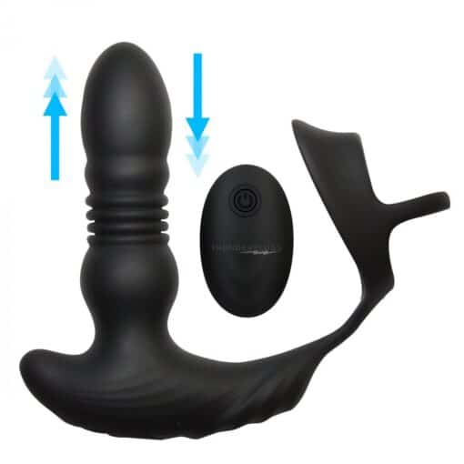 Thunder Plugs Rechargeable 10X Thrusting Silicone Vibrator with Cock & Ball Strap - Black - Image 2