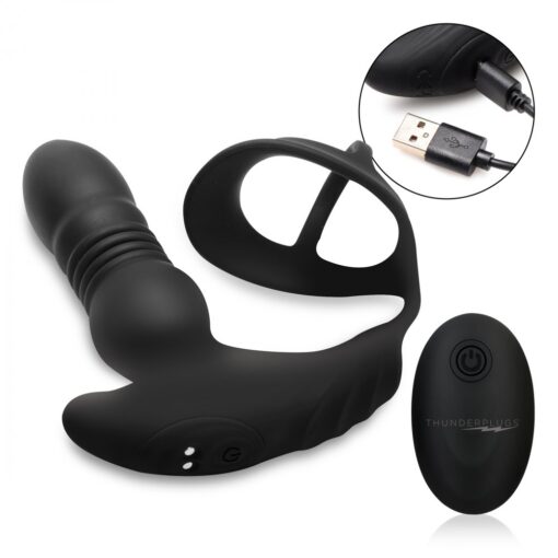 Thunder Plugs Rechargeable 10X Thrusting Silicone Vibrator with Cock & Ball Strap - Black - Image 4