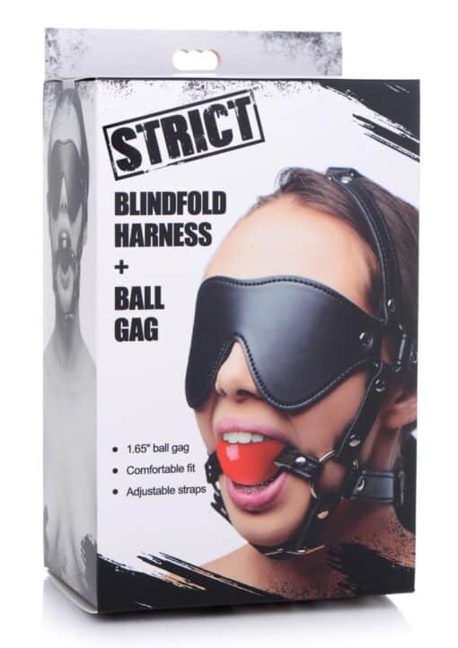 Strict Blindfold Harness with Ball Gag - Black/Red