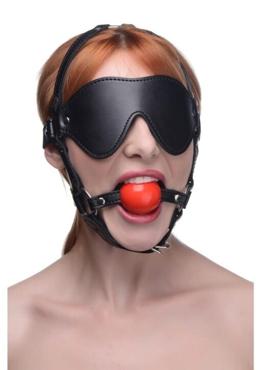 Strict Blindfold Harness with Ball Gag - Black/Red - Image 3