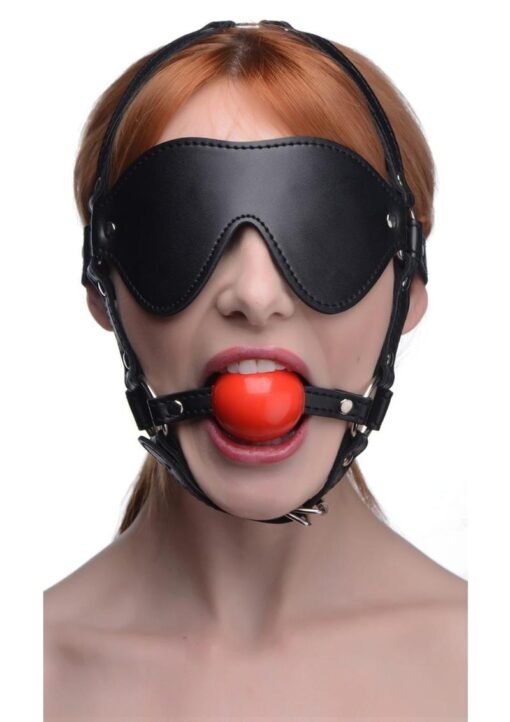 Strict Blindfold Harness with Ball Gag - Black/Red - Image 2