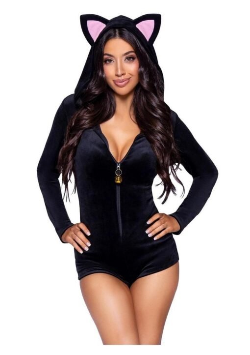 Comfy Cat Ultra-Soft Velvet Plush Zip Up Romper with Bell Zipper Pull, Ear Hood, and Kitty Tail - Large - Black - Image 2