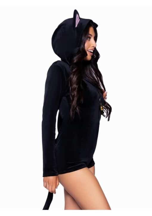 Comfy Cat Ultra-Soft Velvet Plush Zip Up Romper with Bell Zipper Pull, Ear Hood, and Kitty Tail - Large - Black - Image 3