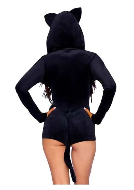 Comfy Cat Ultra-Soft Velvet Plush Zip Up Romper with Bell Zipper Pull, Ear Hood, and Kitty Tail - Large - Black
