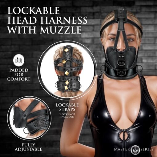 Master Series Lockable Head Harness with Muzzle - Black - Image 5