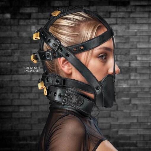 Master Series Lockable Head Harness with Muzzle - Black - Image 6