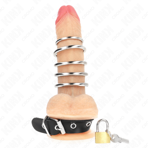Kink – 5 Metal Penis Rings from 3 CM TO 4 CM with Leather Scrotum Ring and Lock Strap 21 CM x 2 CM – Nr 23 - Image 5