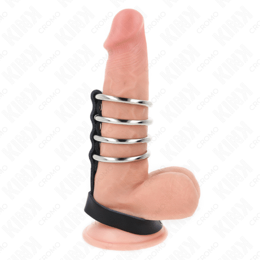 Kink – 4 Metal Penis Rings 3.8 CM Connected with Leather Strap 22 CM x 1.5 CM and Pressure Closure – Nr 18