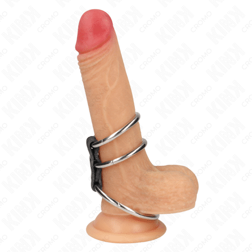 Kink - Triple Metal Penis Ring 3.7 CM TO 5 CM Connected with Black Leather - Nr 14