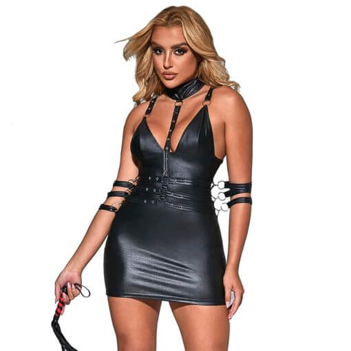 Dress Black PU Leather with Black PU Collar and Leather Arm Straps L/XL