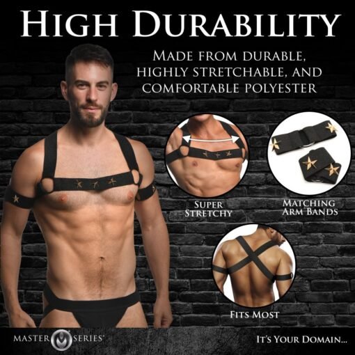 Master Series Rave Harness Elastic Chest Harness with Arm Bands - Large/X-Large - Black/Gold - Image 4