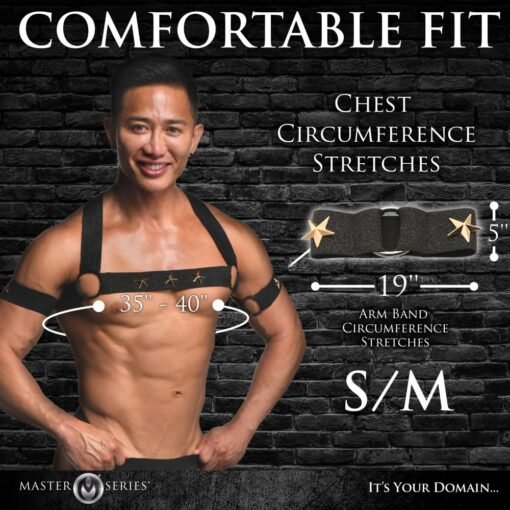 Master Series Rave Harness Elastic Chest Harness with Arm Bands - Small/Medium - Black/Gold - Image 5