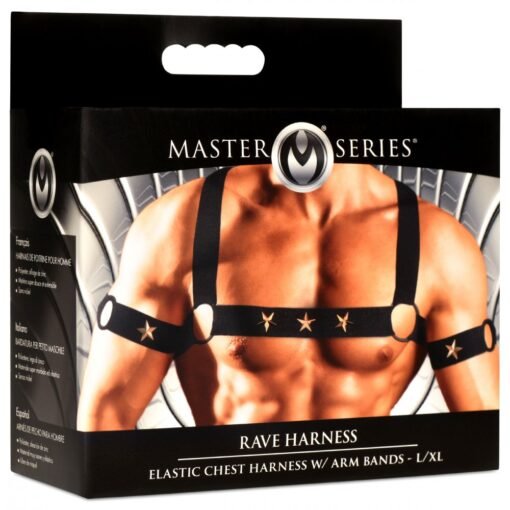 Master Series Rave Harness Elastic Chest Harness with Arm Bands - Large/X-Large - Black/Gold