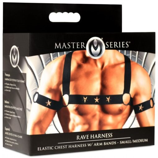 Master Series Rave Harness Elastic Chest Harness with Arm Bands - Small/Medium - Black/Gold
